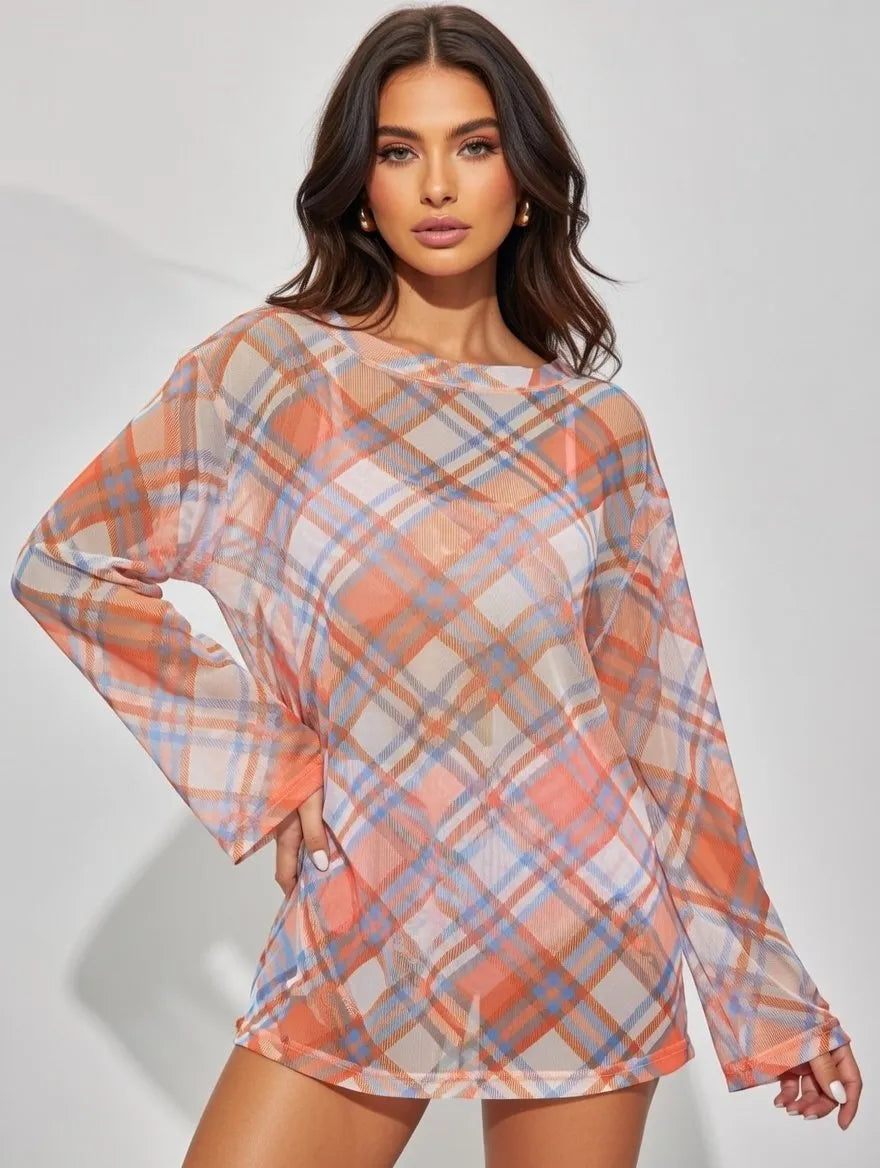 Checkered Mesh Blouse
