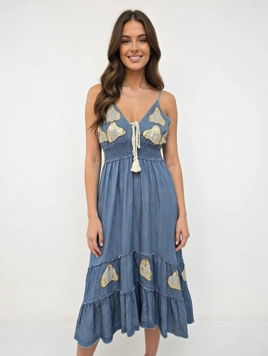 Embroidered V-Neck Demin Dress