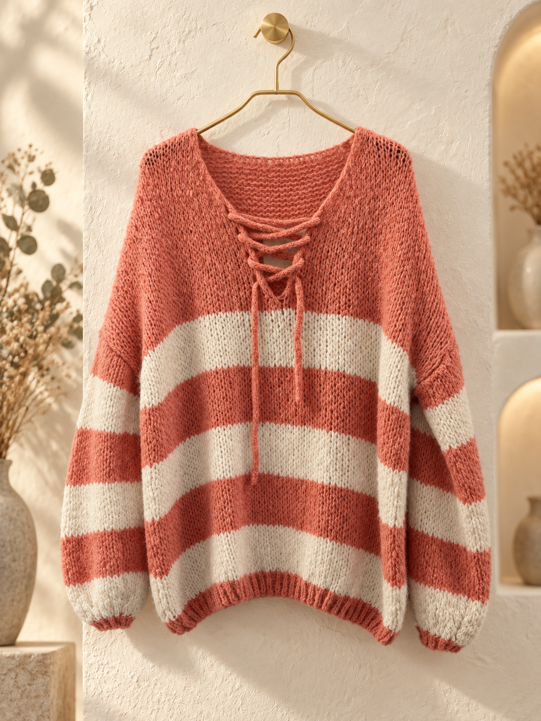 Oversized Lace-Up Stripe Knit Jumper