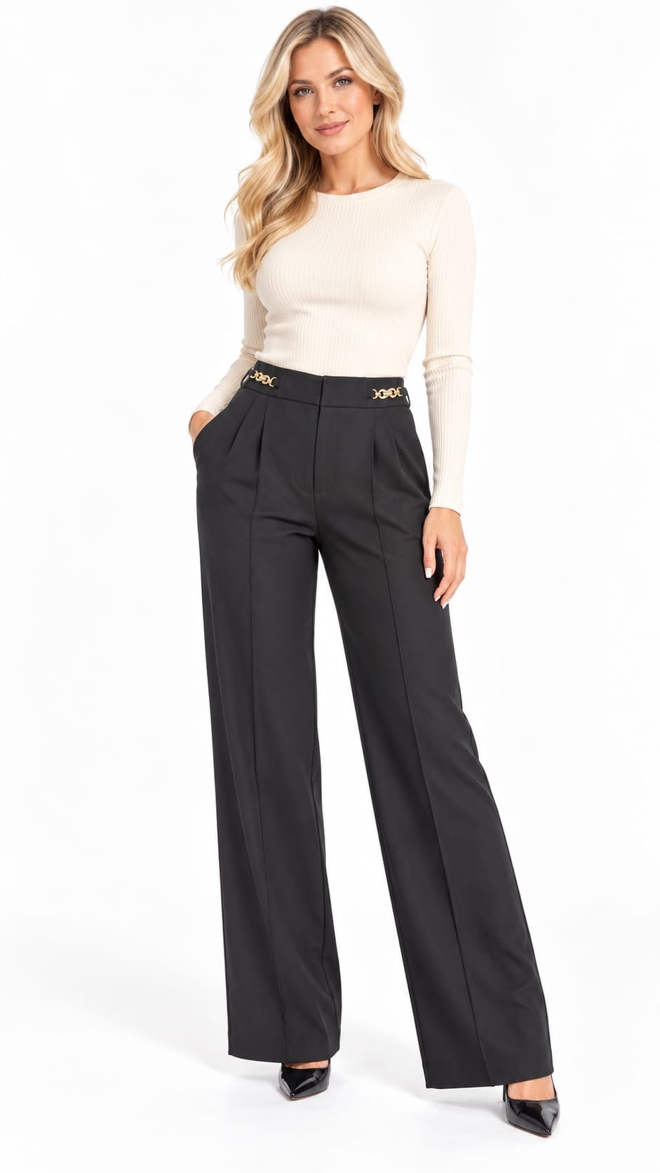 Chain Detail Wide-Leg Trousers
