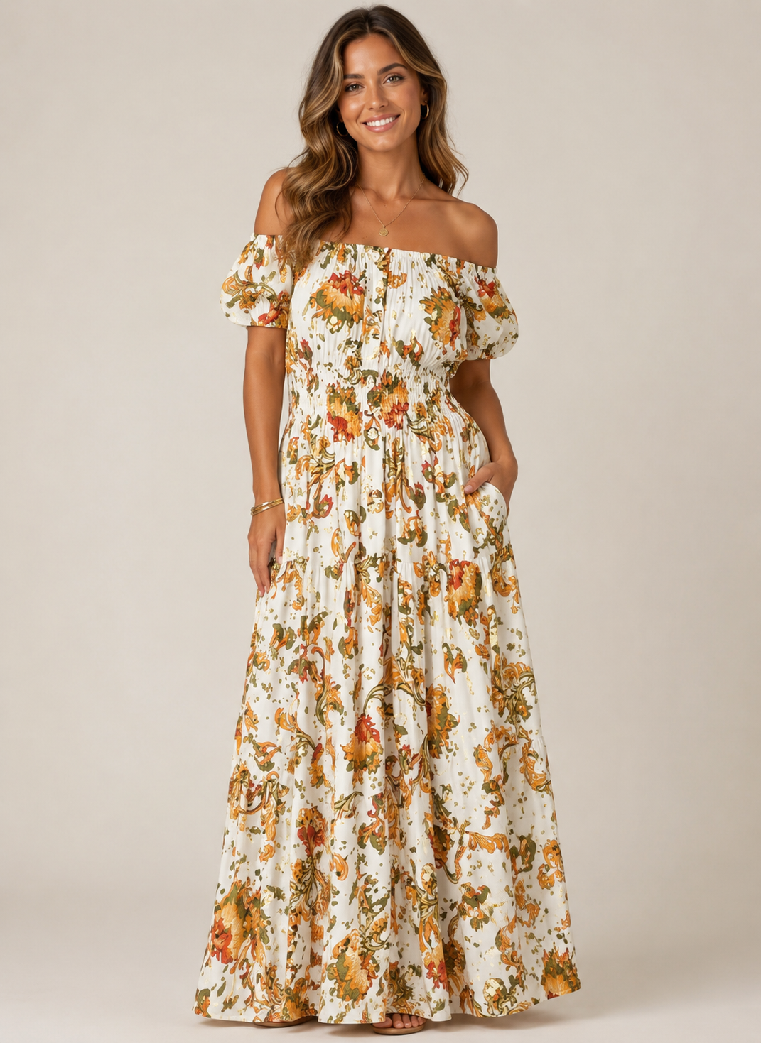 Gold Fleck Floral Maxi Dress