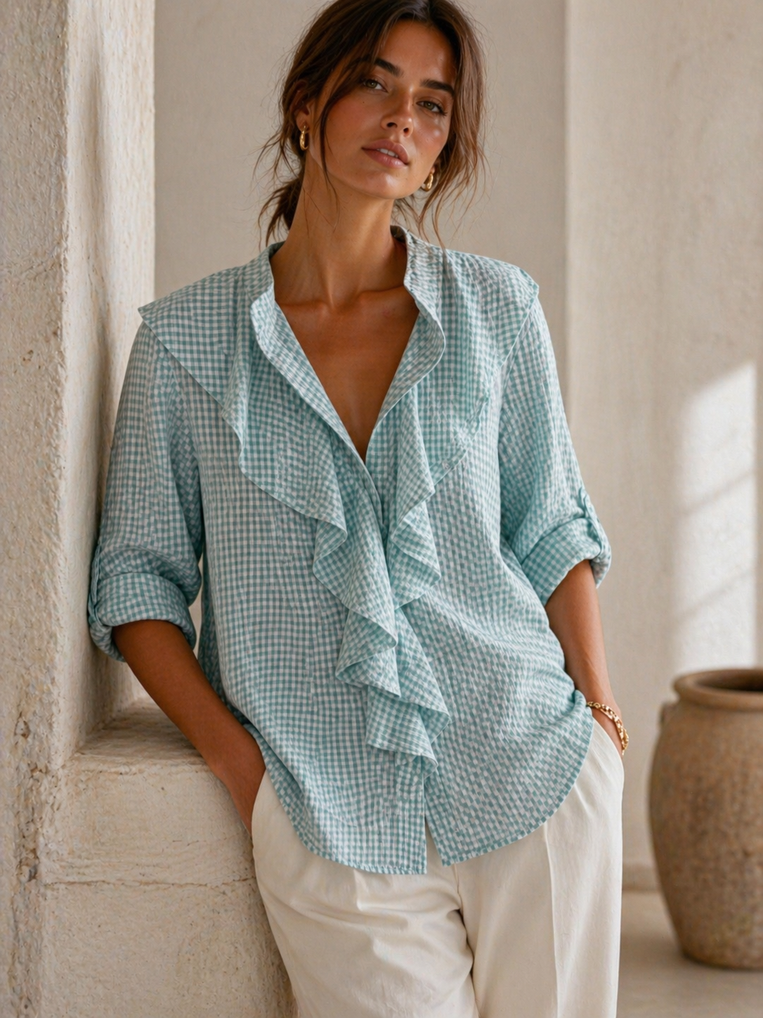 Plaid Ruffle Front Shirt