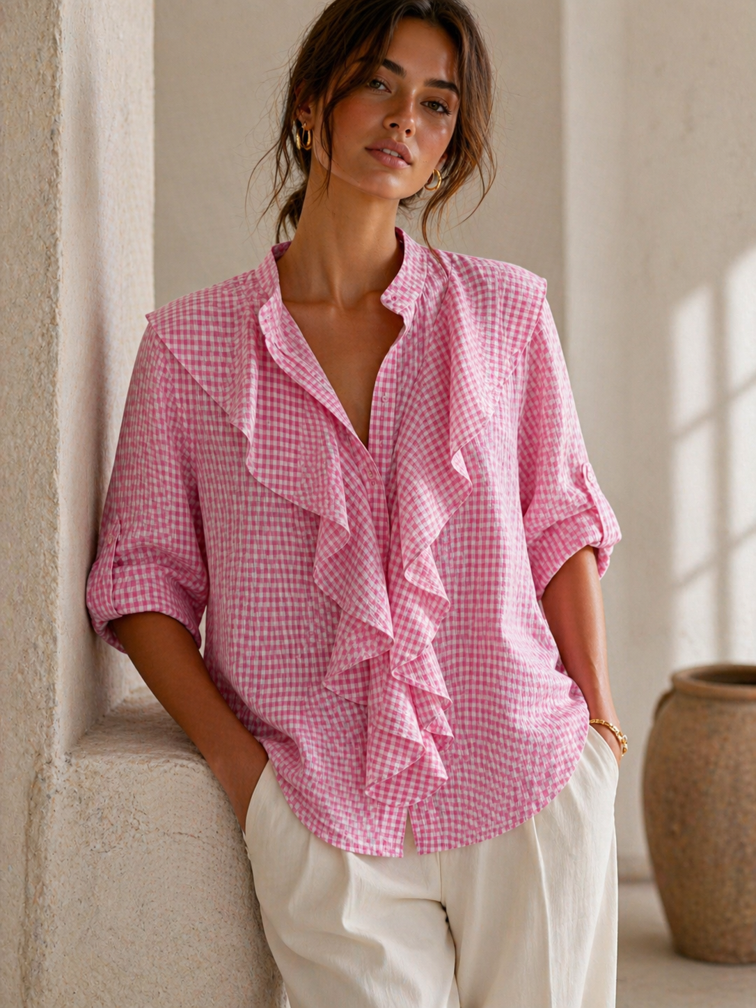 Plaid Ruffle Front Shirt