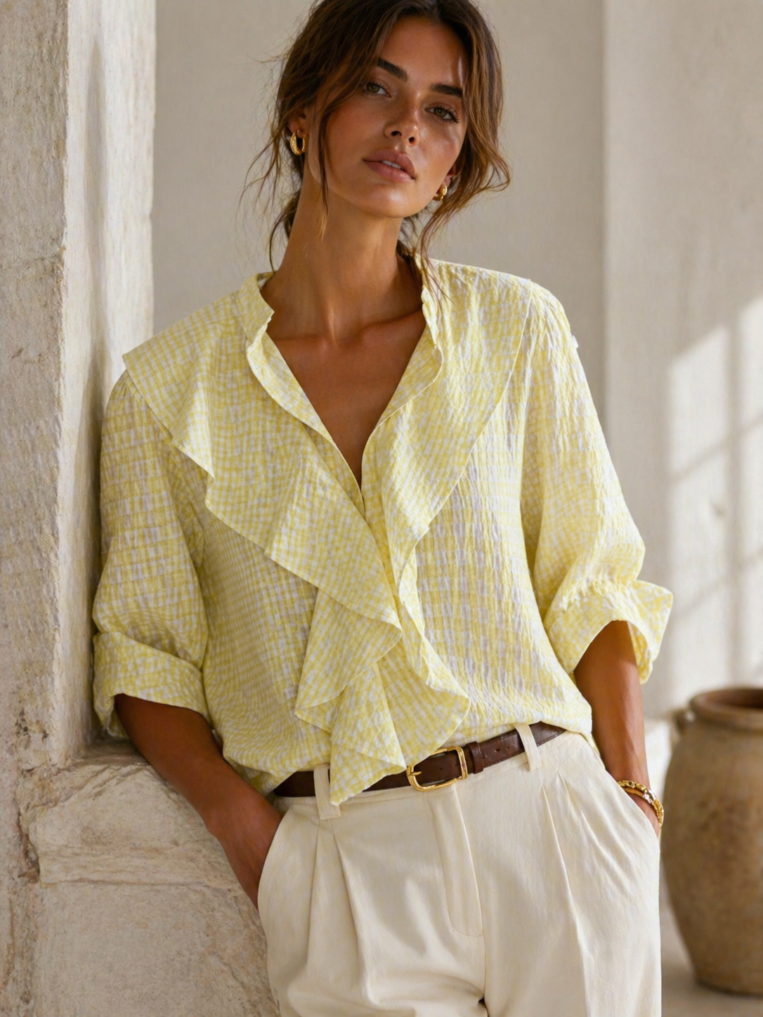 Plaid Ruffle Front Shirt