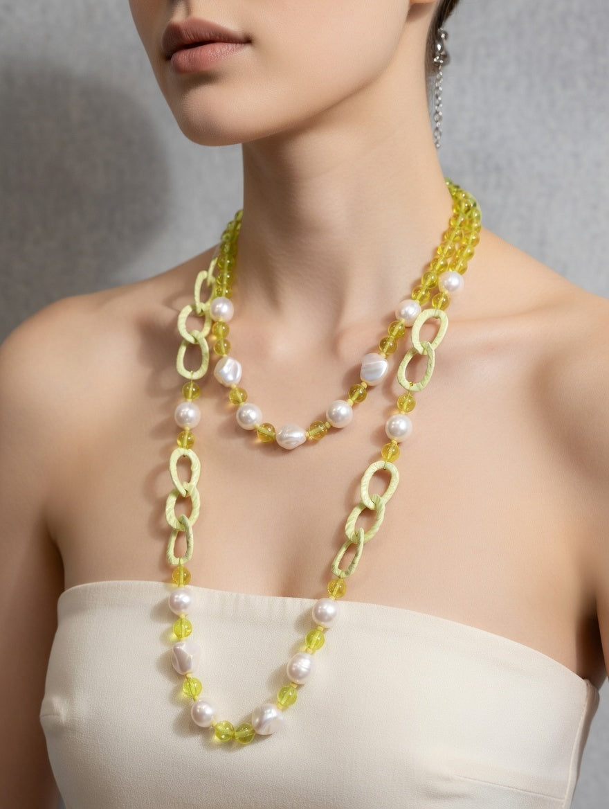 Beaded Long Necklace - Yellow