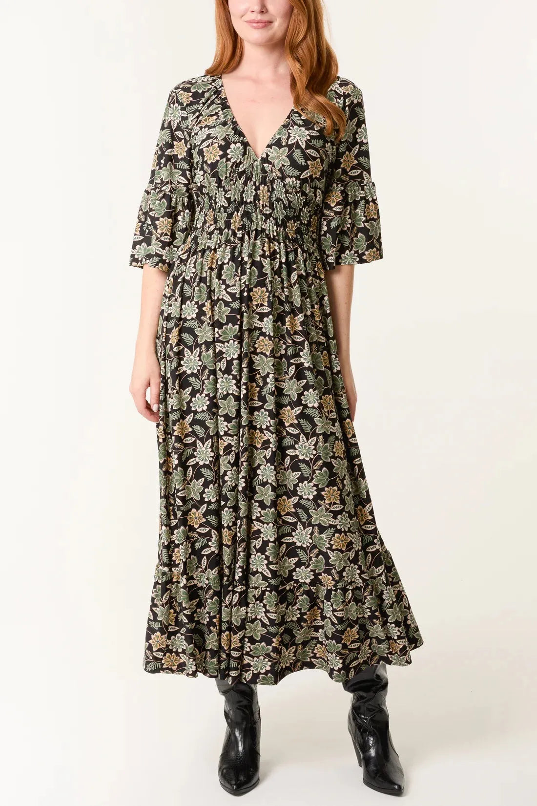 Elasticated Neck Shirred Waist Midi Dress (M/L)