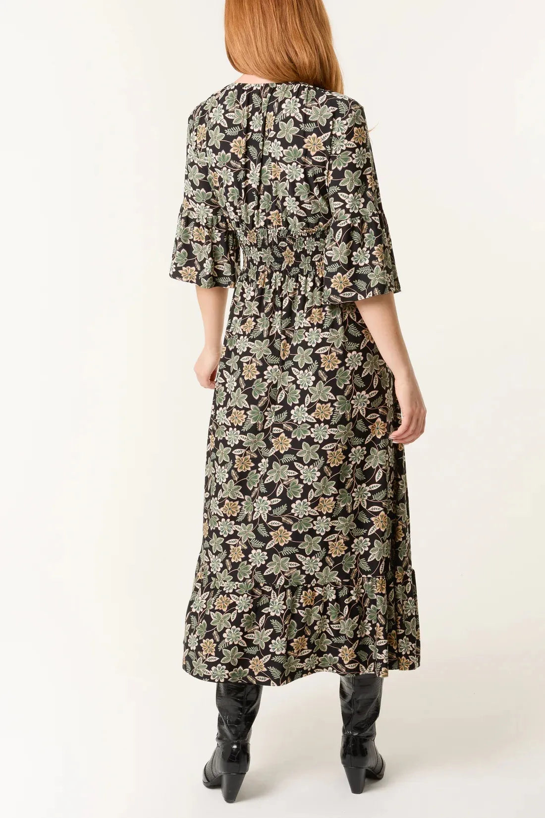 Elasticated Neck Shirred Waist Midi Dress (M/L)