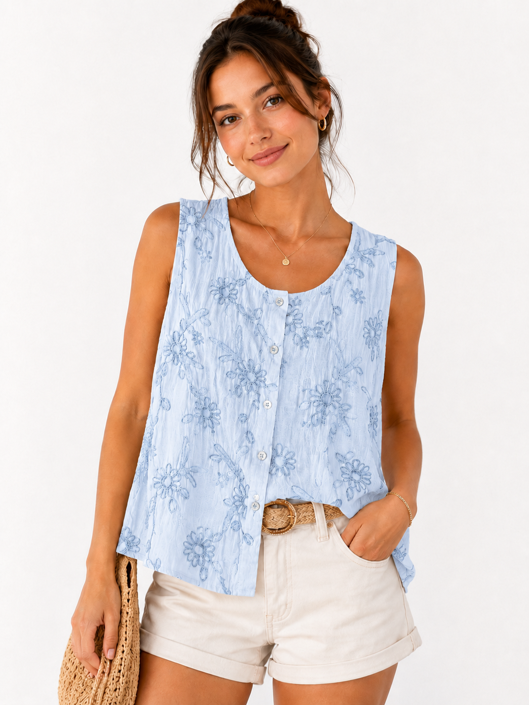 Embroidered Floral Button Up Vest