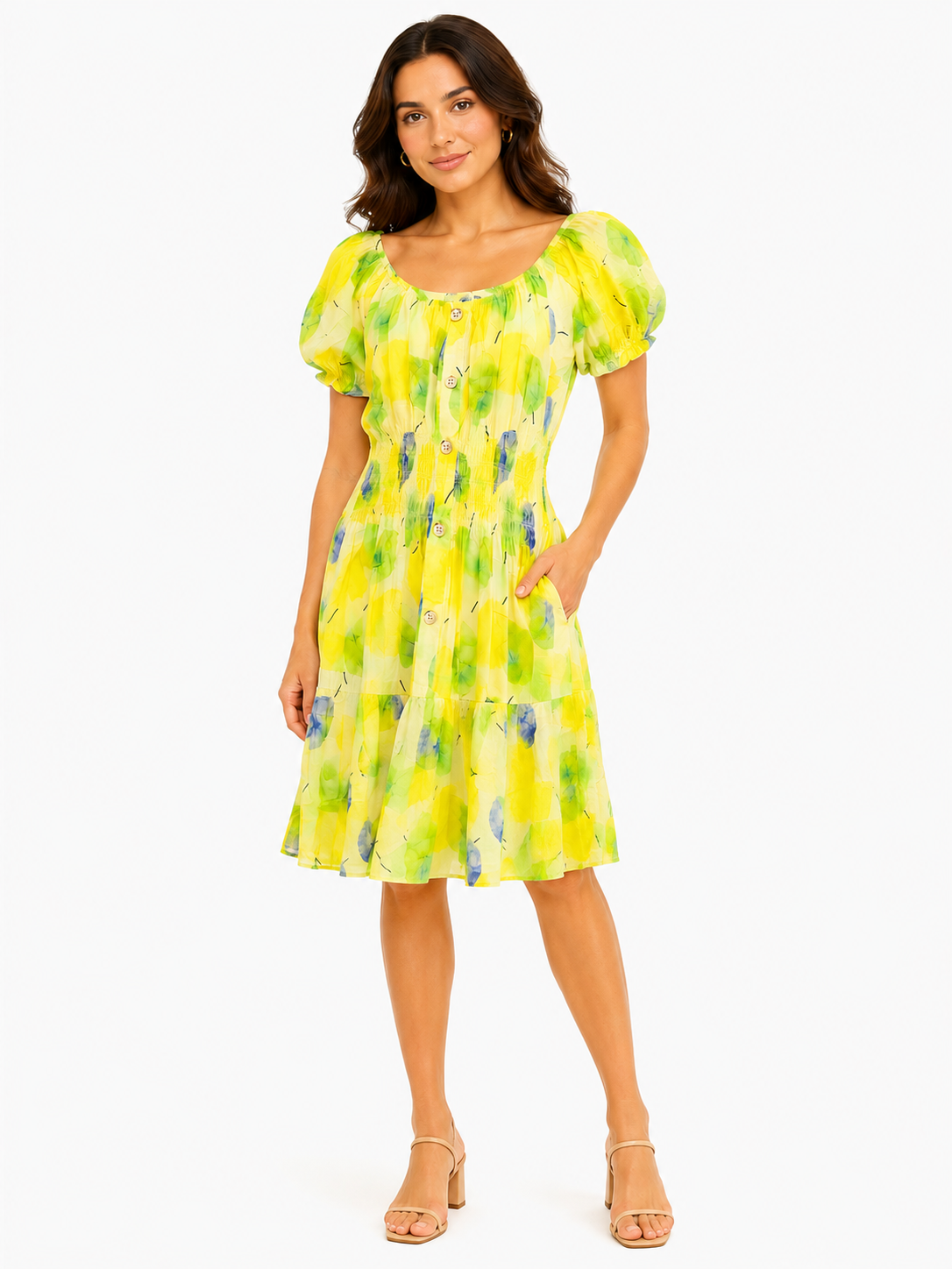 Elasticated Lemon Patterned Midi Dress