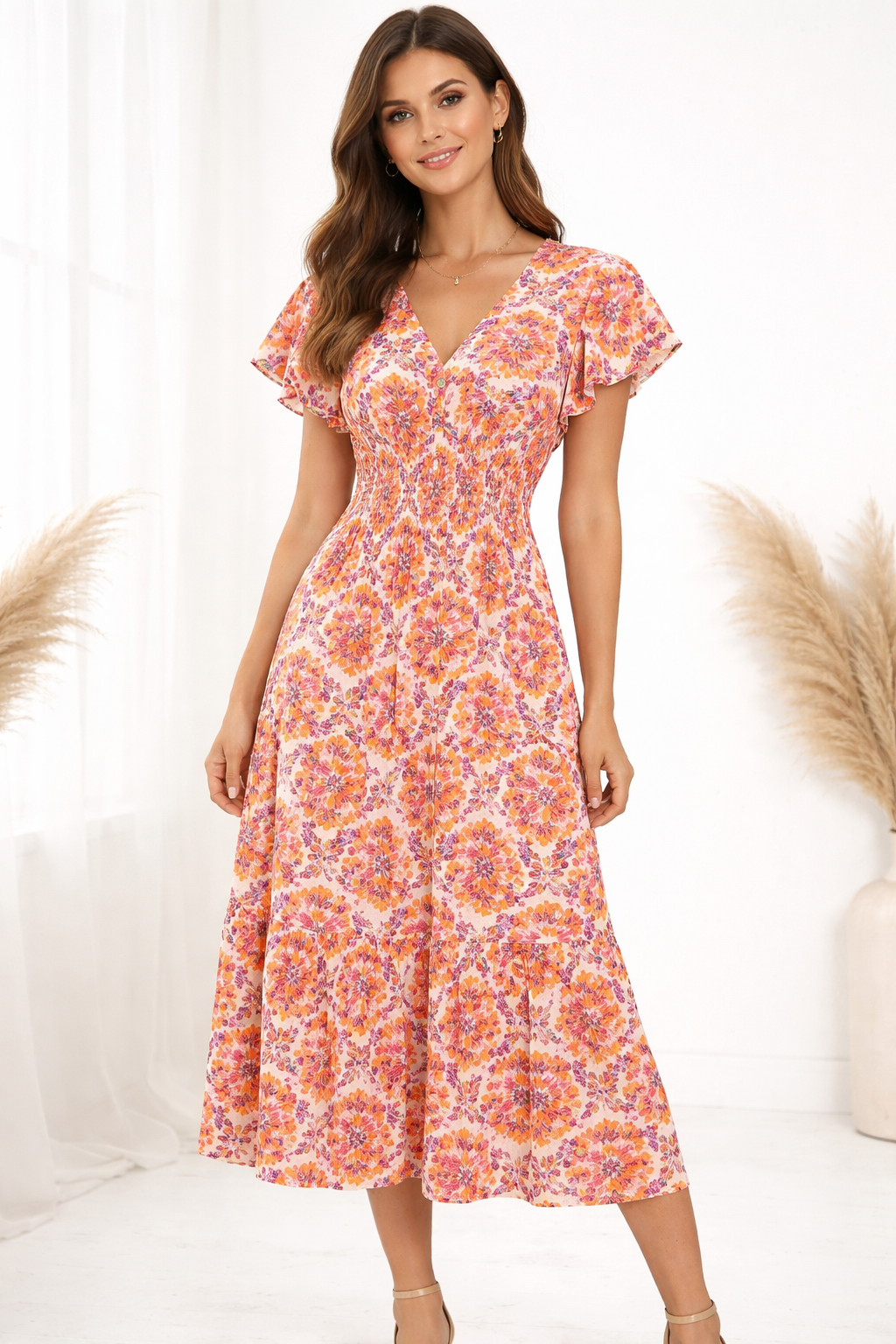 V-Neck Midi Dress - Orange
