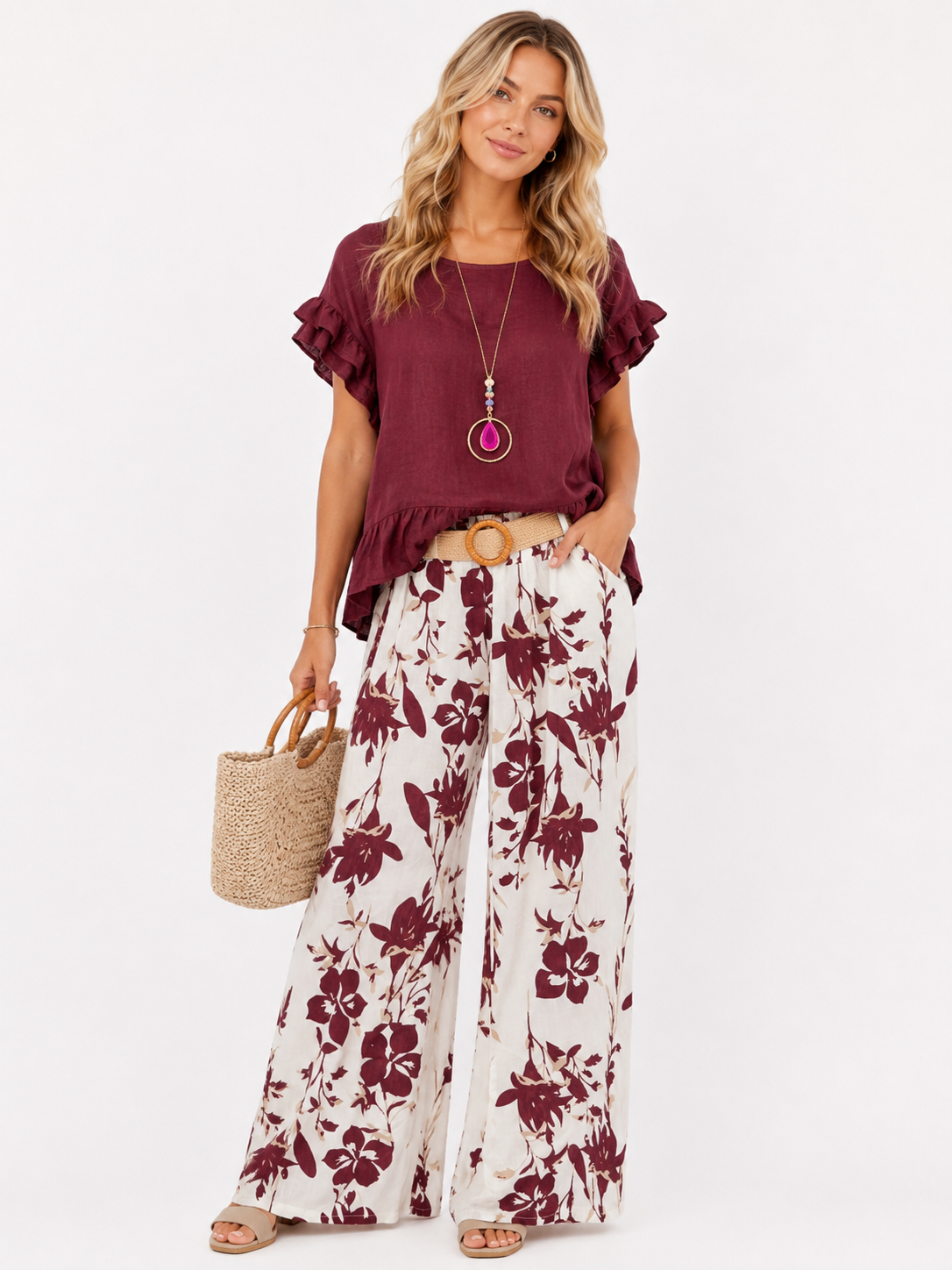 Floral Belted Wide Leg Trousers