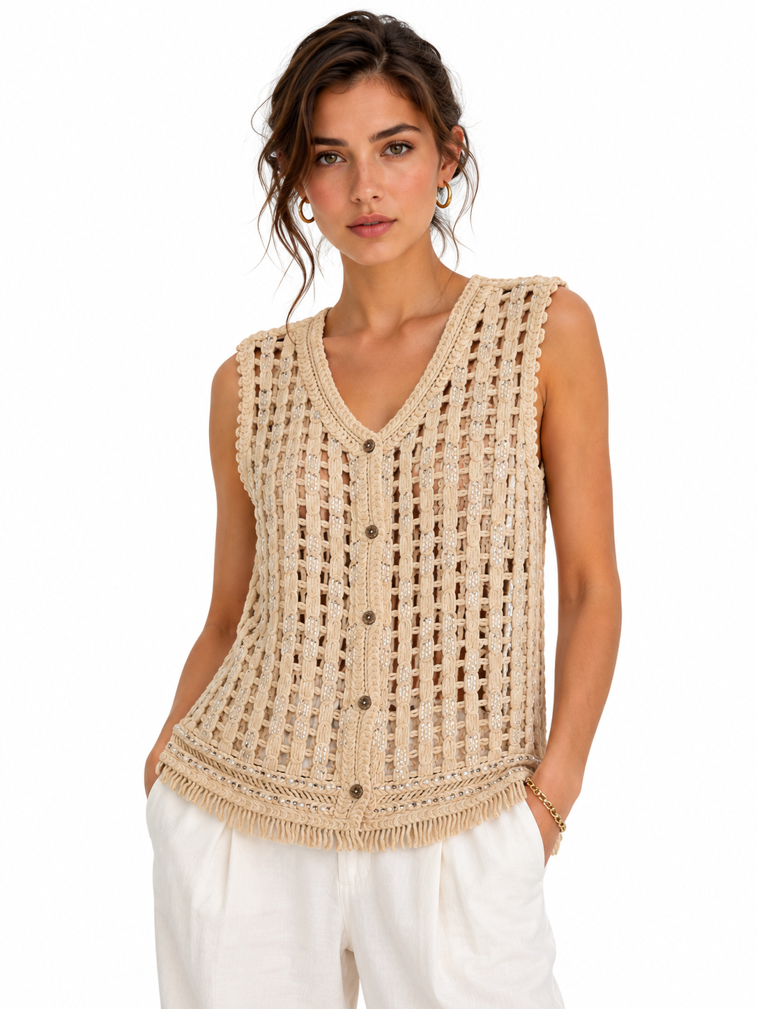 Sequin Crochet Vest With Tassells