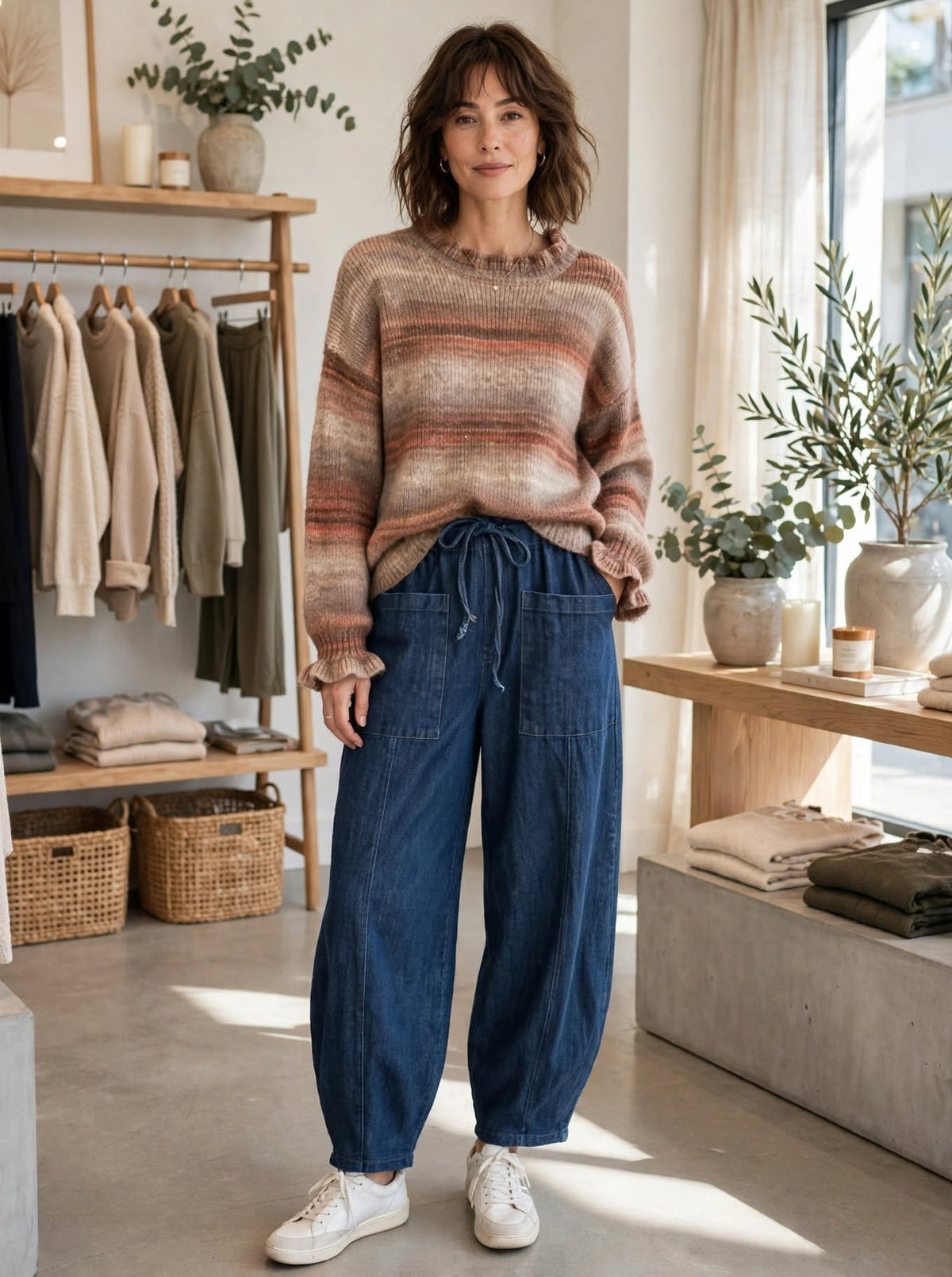 Barrell leg elasticated jeans