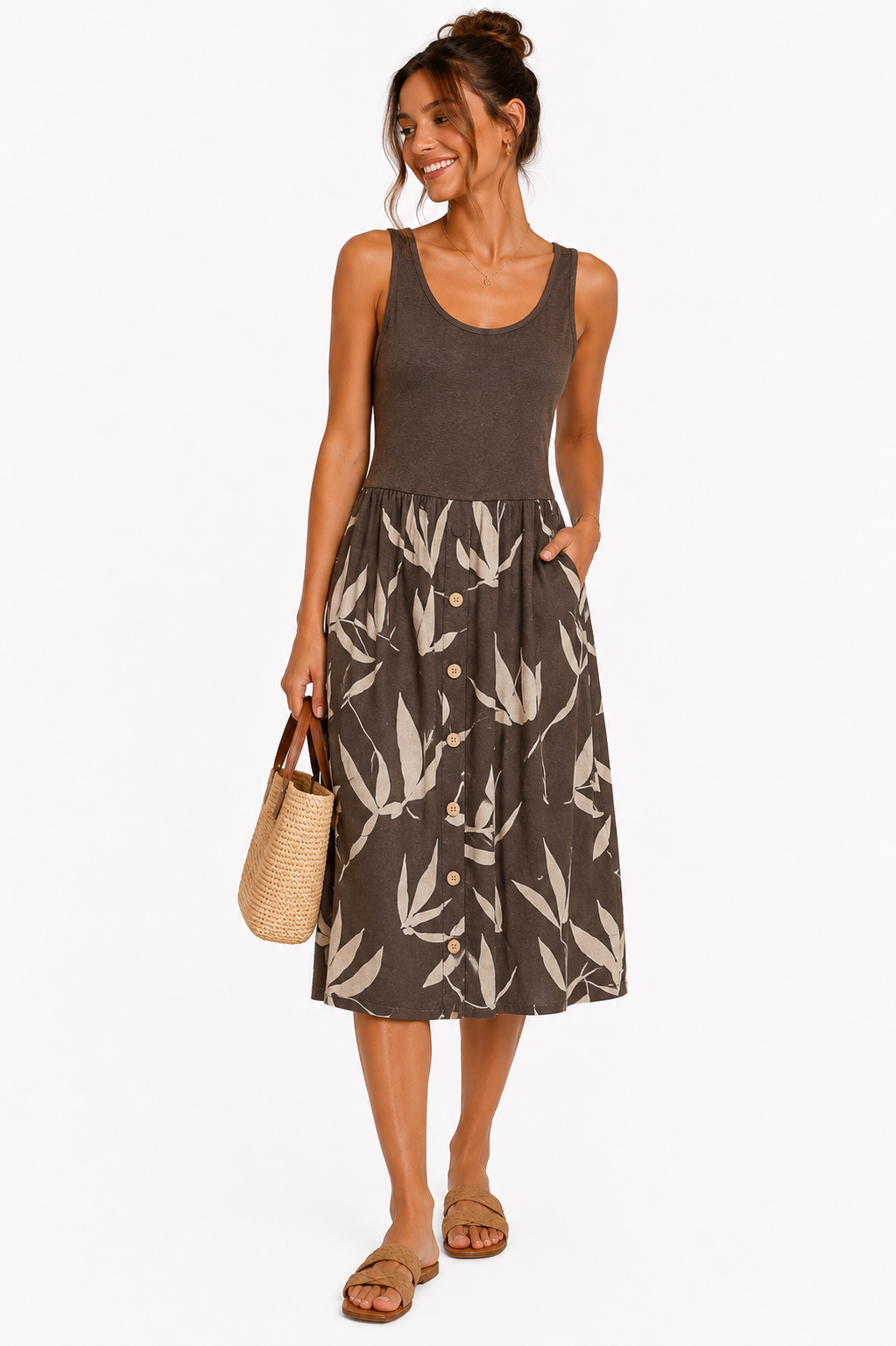 Leaf Printed Midi Dress
