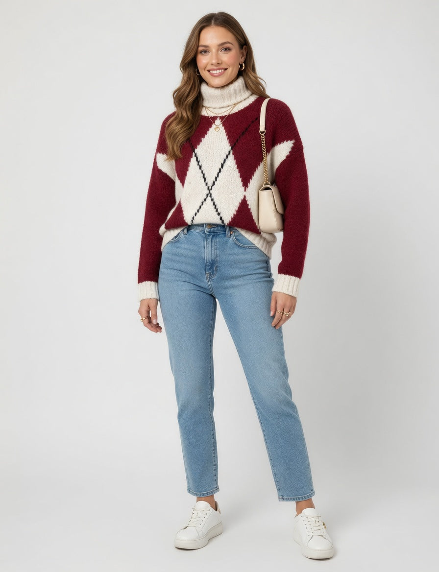 Polo Neck Argyle Jumper - Wine