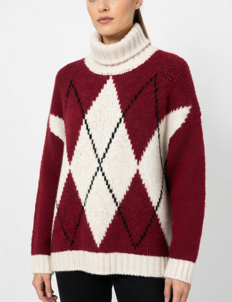 Polo Neck Argyle Jumper - Wine