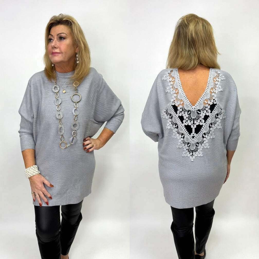 Lace Back Jumper - Grey