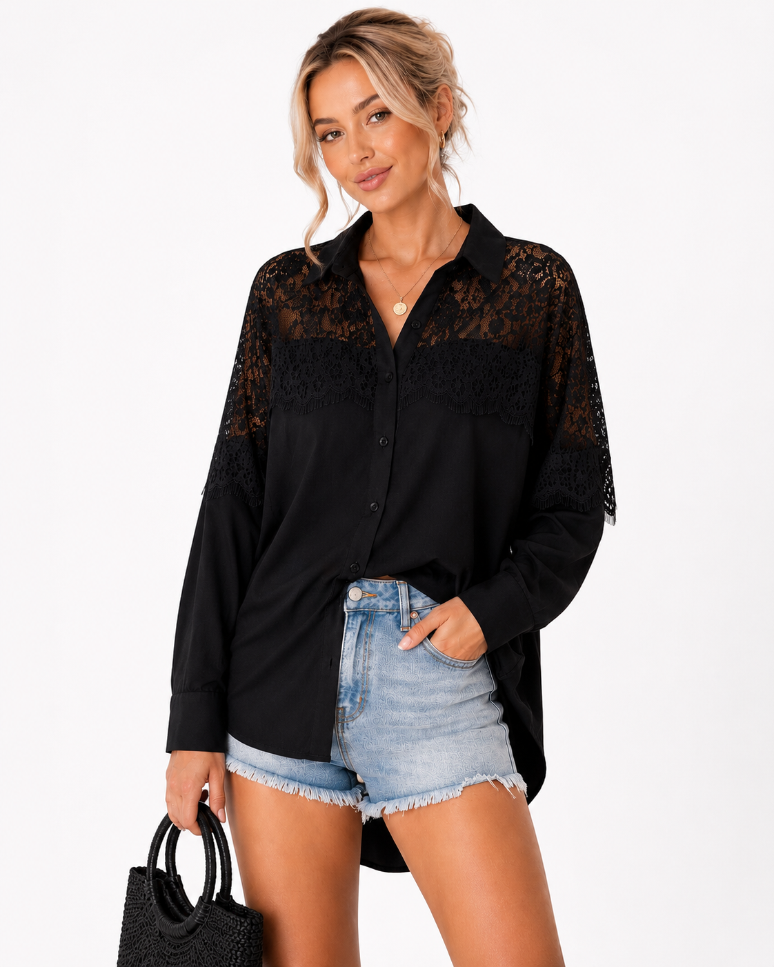 Lace Shoulder Shirt - Black