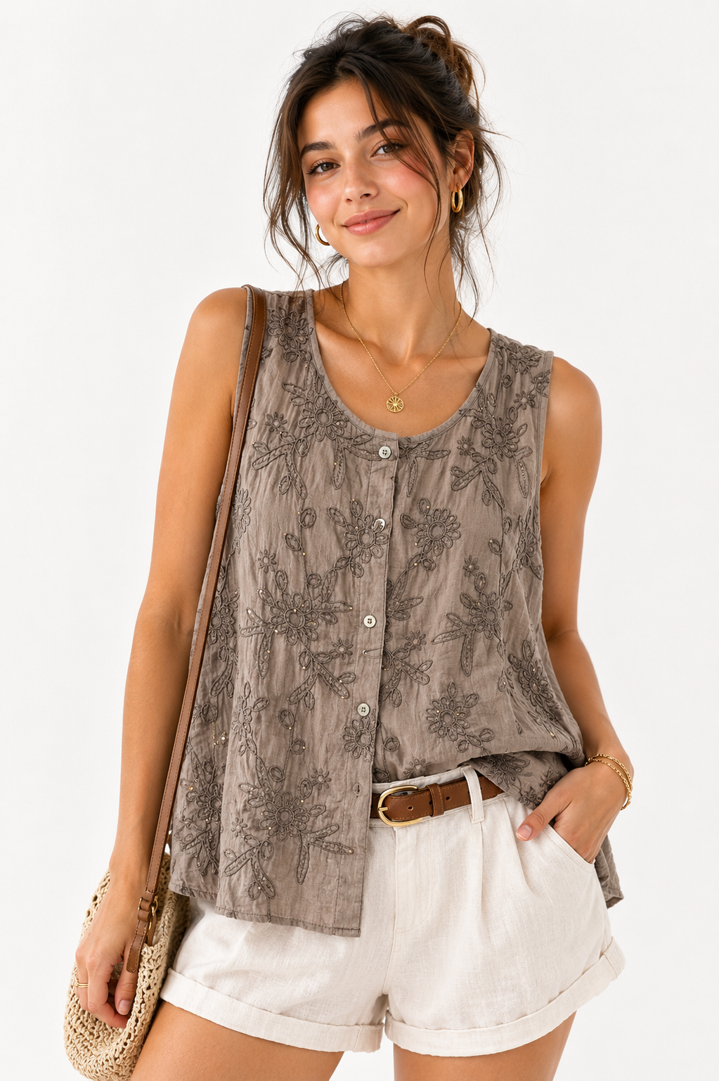 Embroidered Floral Button Up Vest