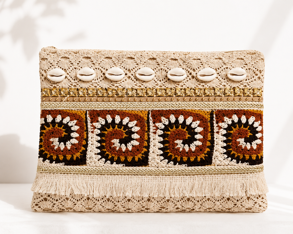 Crochet Shell Envelope Bag - Brown