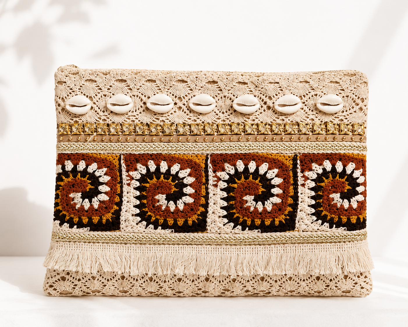 Crochet Shell Envelope Bag - Brown