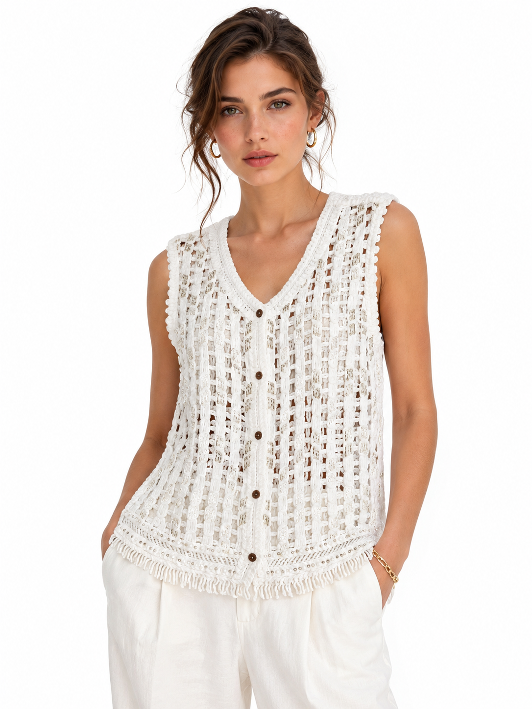 Sequin Crochet Vest With Tassells