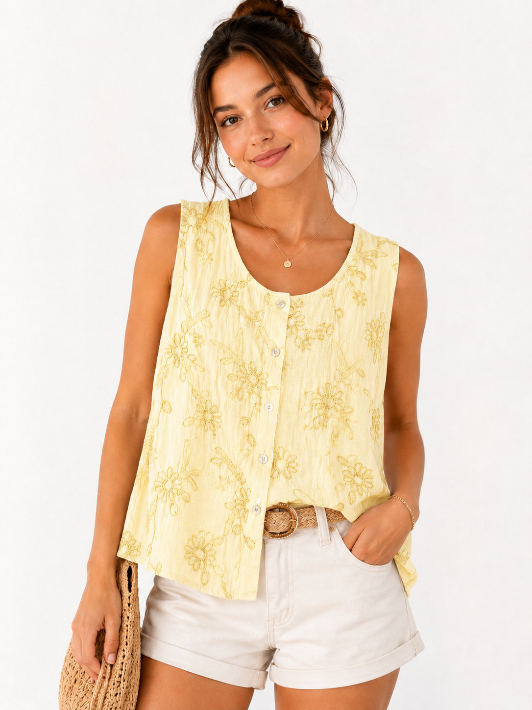 Embroidered Floral Button Up Vest