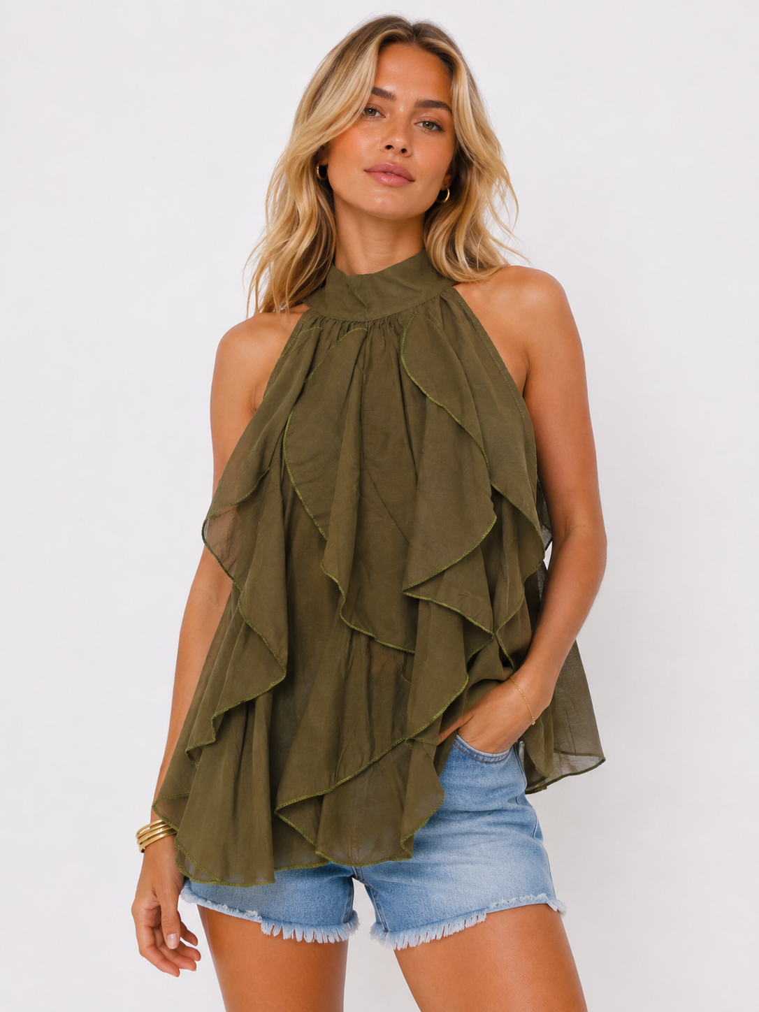 Frilly Halter Neck Top - Khaki