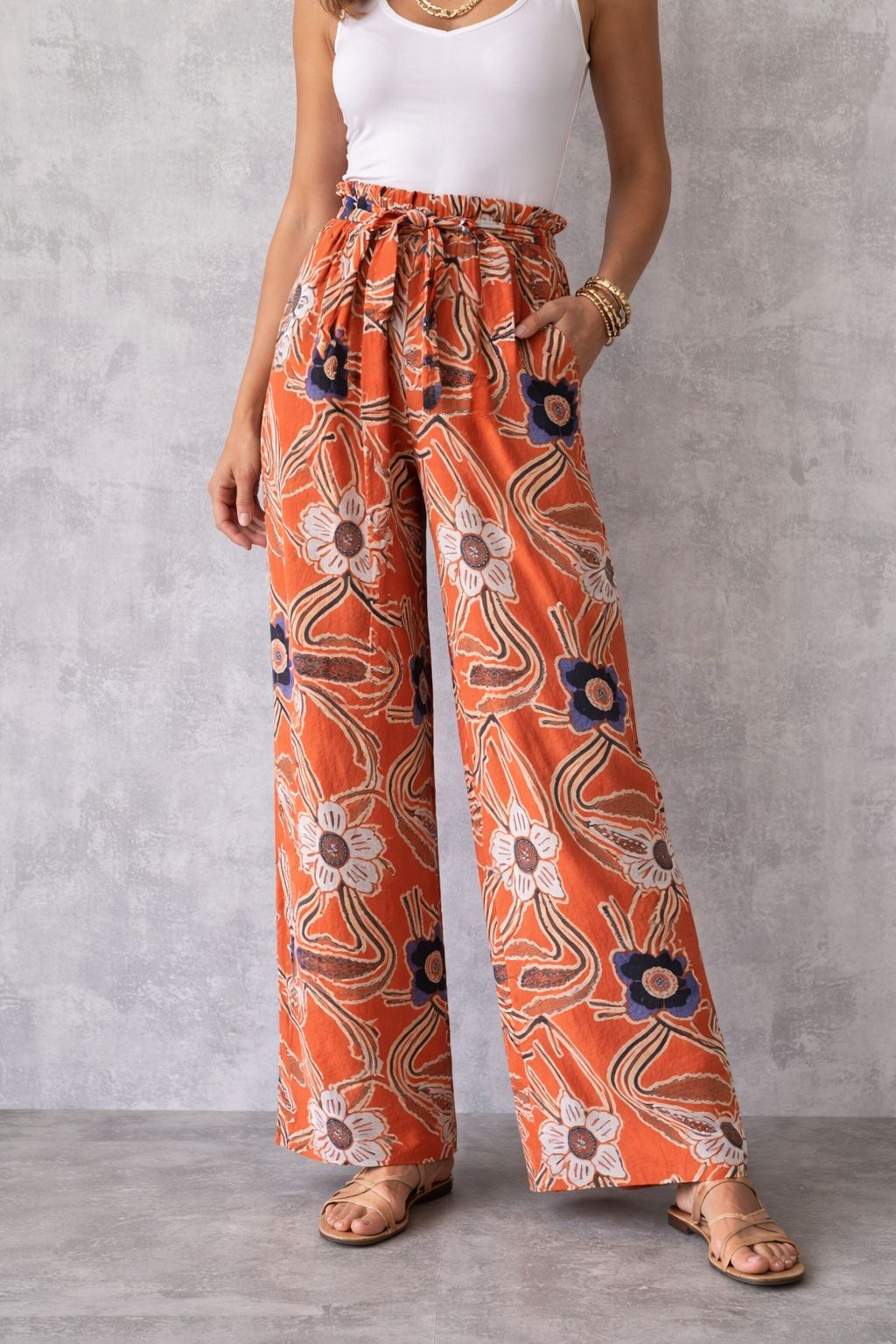 Wide Leg Patterned Trousers- Orange