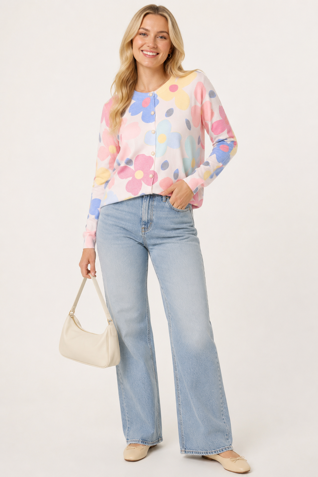 Vibrant Floral & Pearl Button Cardigan