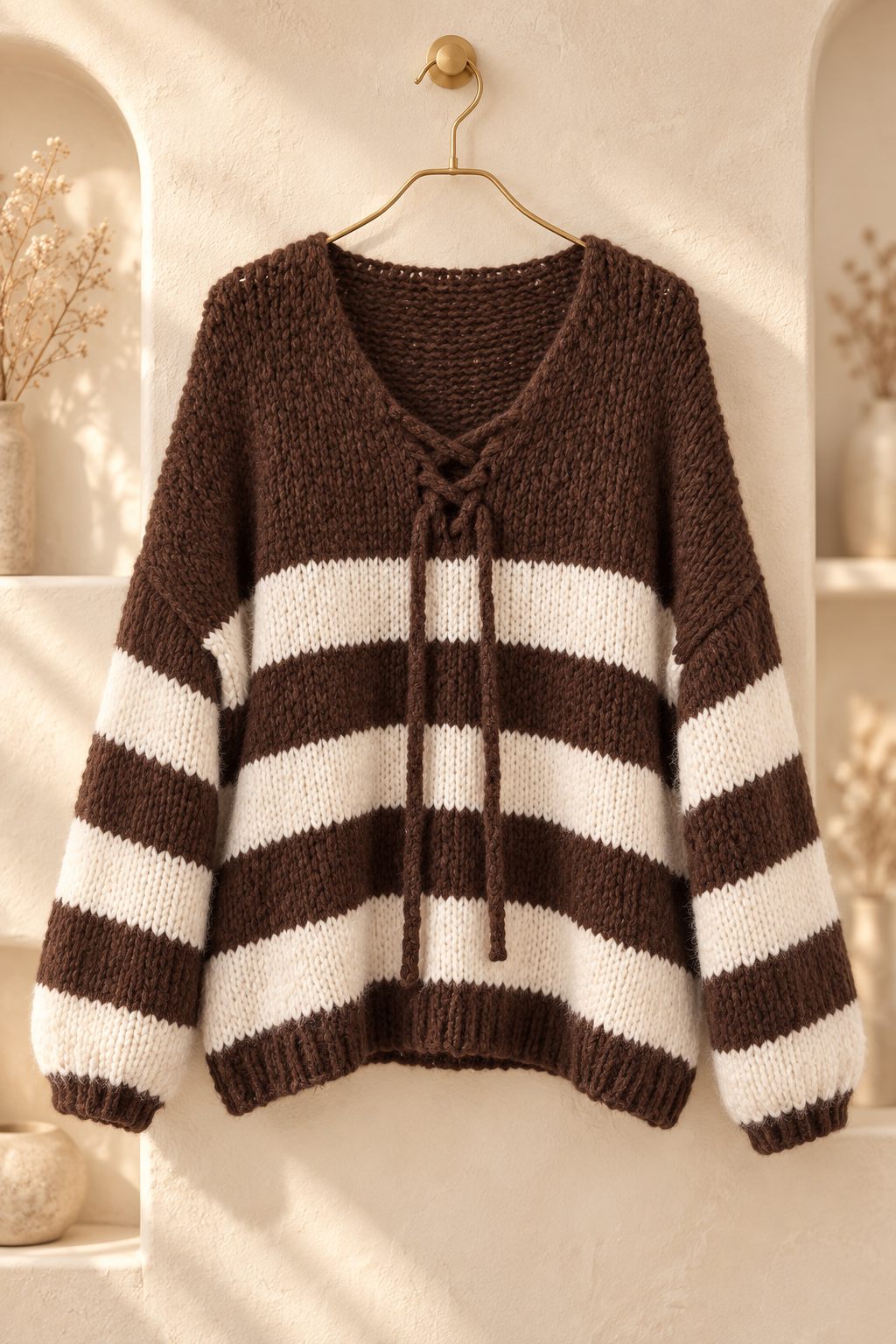 Oversized Lace-Up Stripe Knit Jumper