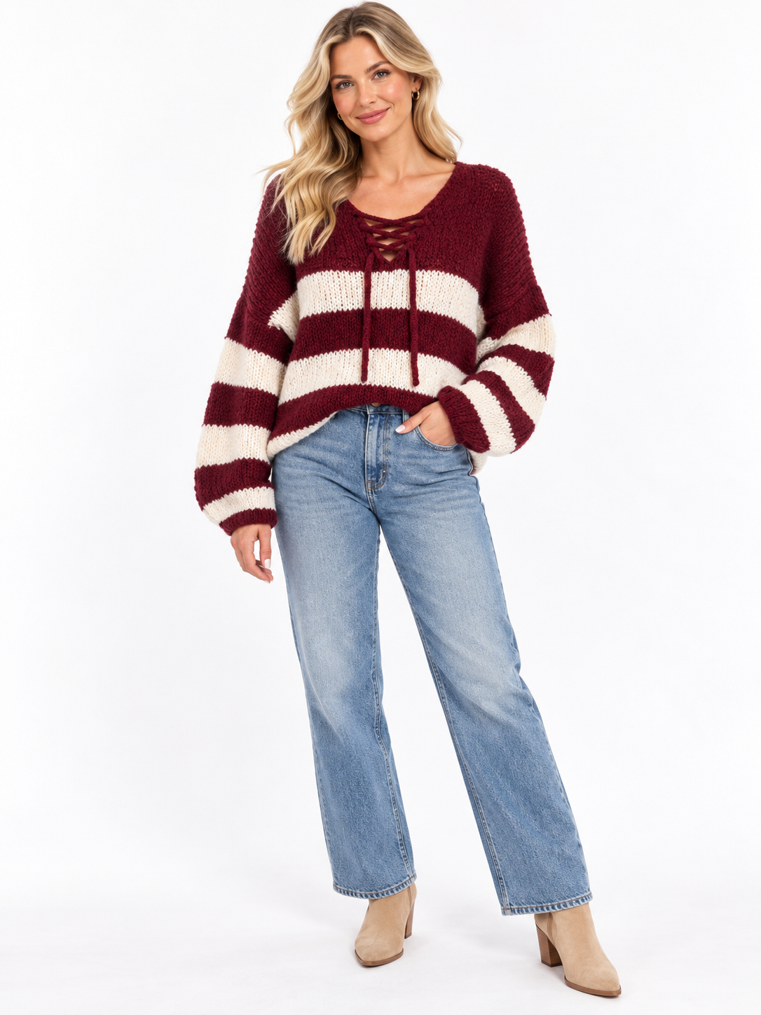 Oversized Lace-Up Stripe Knit Jumper