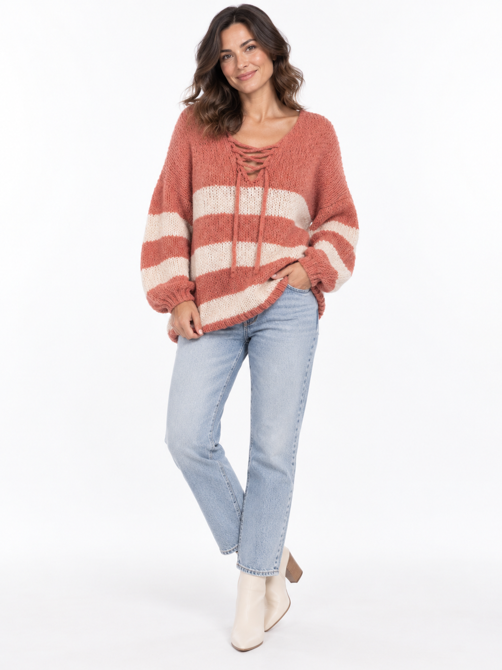Oversized Lace-Up Stripe Knit Jumper