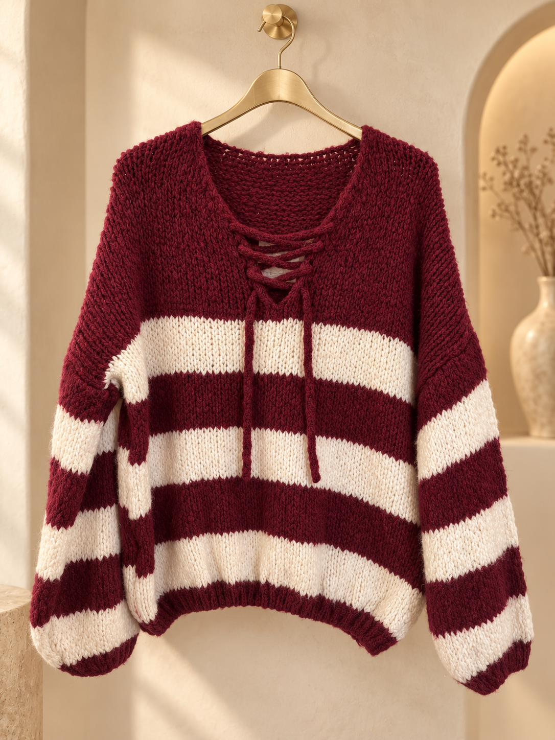 Oversized Lace-Up Stripe Knit Jumper