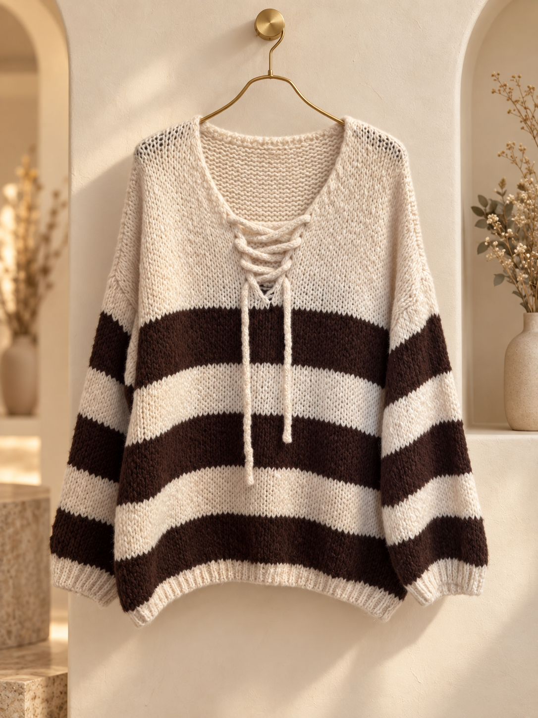 Oversized Lace-Up Stripe Knit Jumper