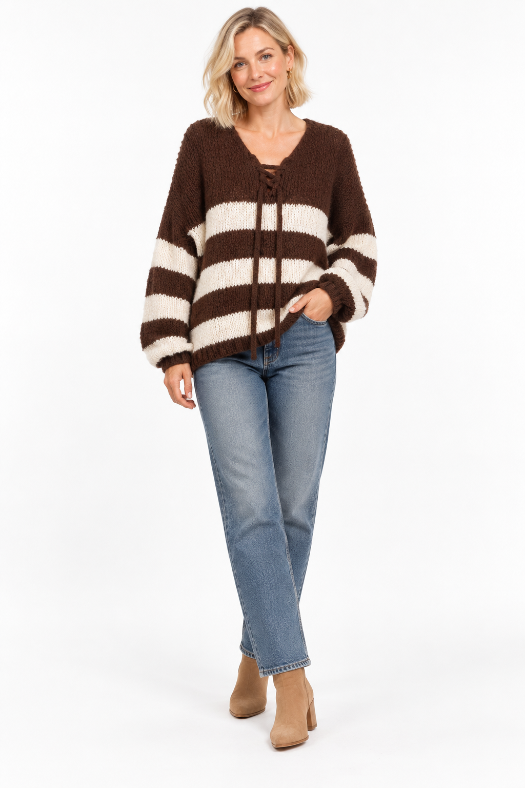 Oversized Lace-Up Stripe Knit Jumper